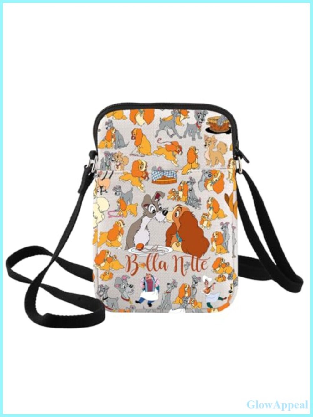 Canvas Crossbody Bag Dog Print Adjustable Strap Zipper Pockets